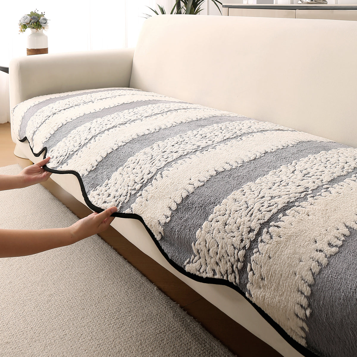 Luxury Wavy Plush Anti-Slip Sofa Cover Mats - Pewter Grey