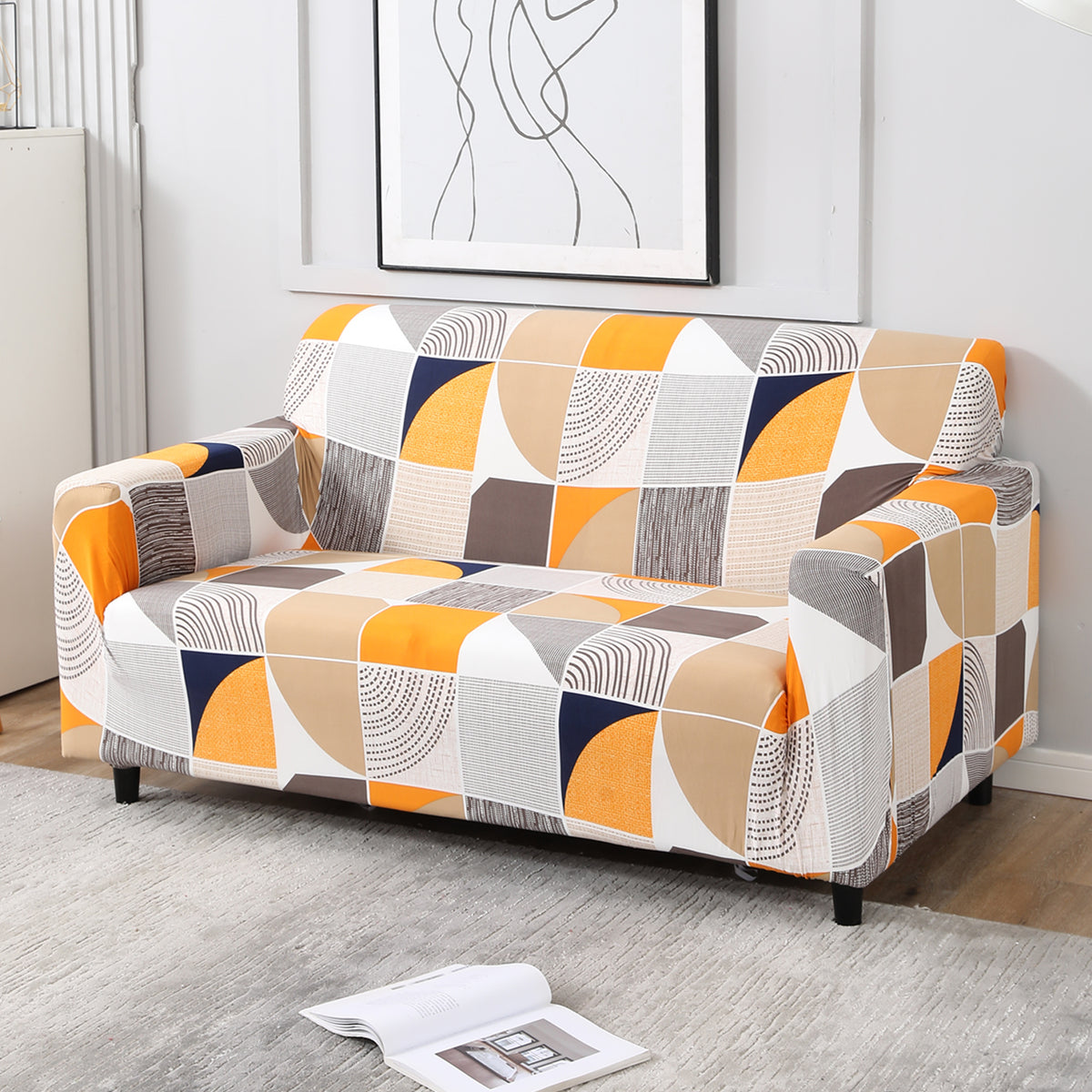 Square Abstract non slip elastic 2 seater sofa cover