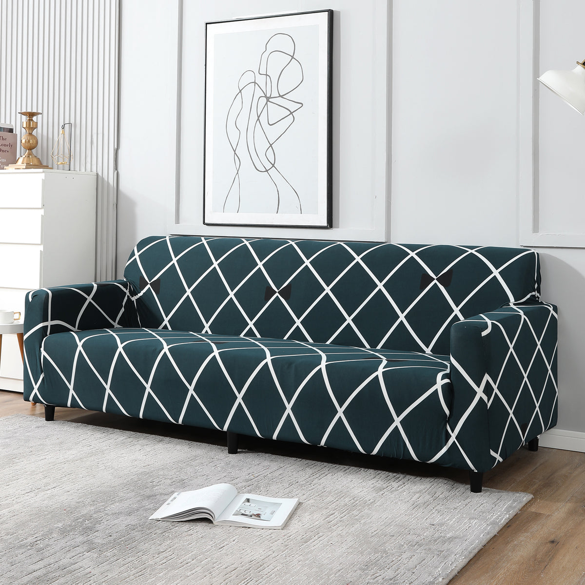 Teal Diamond, non slip, elastic 4 seater sofa cover​s