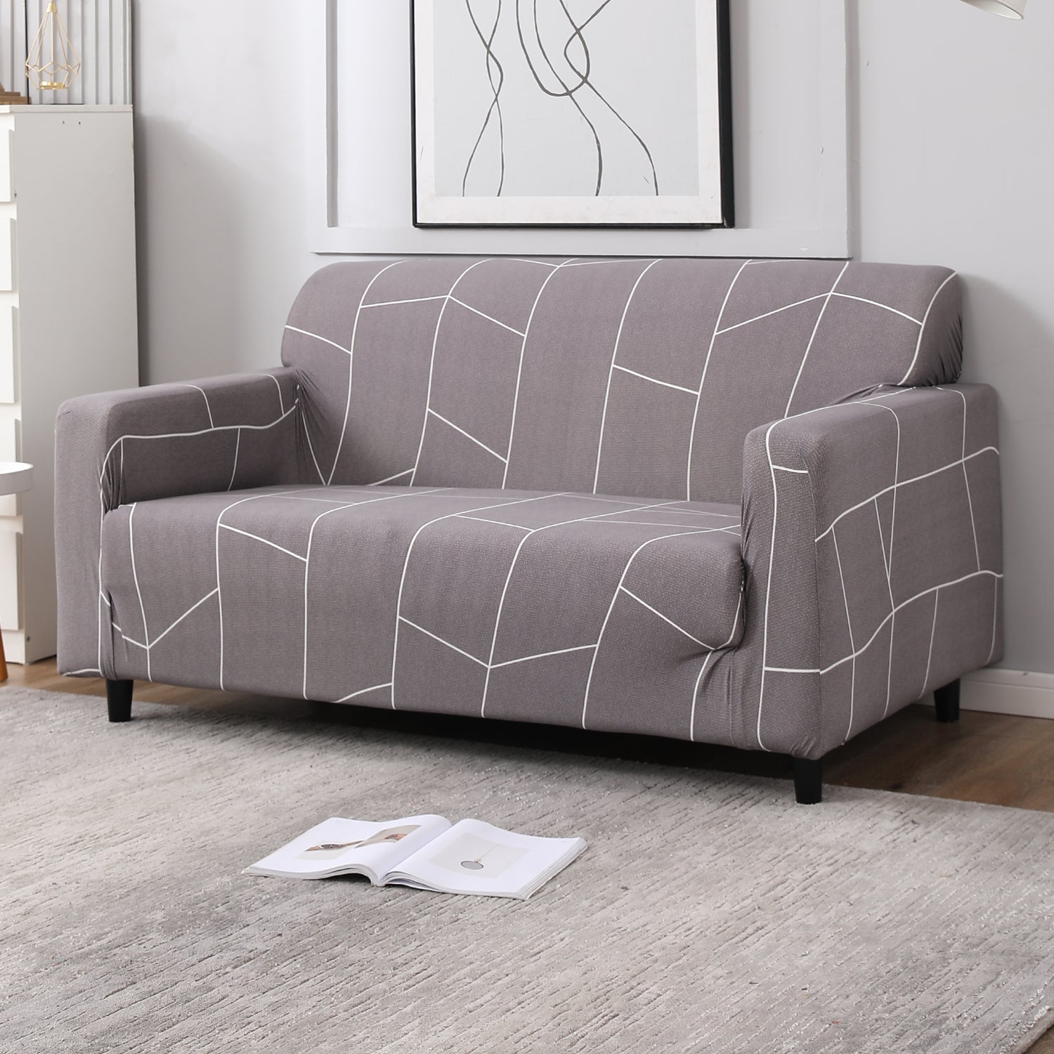 Ash Grey Abstract non slip elastic 2 seater sofa cover
