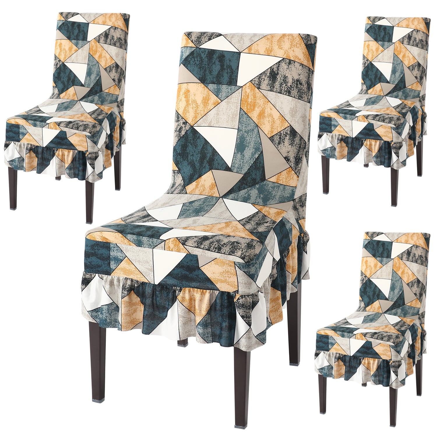 Elastic Stretchable Dining Chair Cover with Frill, Multicolor Geometric Print