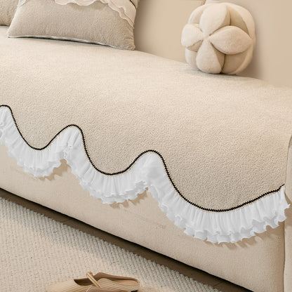 French Classic Frill Wavy Sofa Cover Mat with Curve & Lace - Champagne Beige