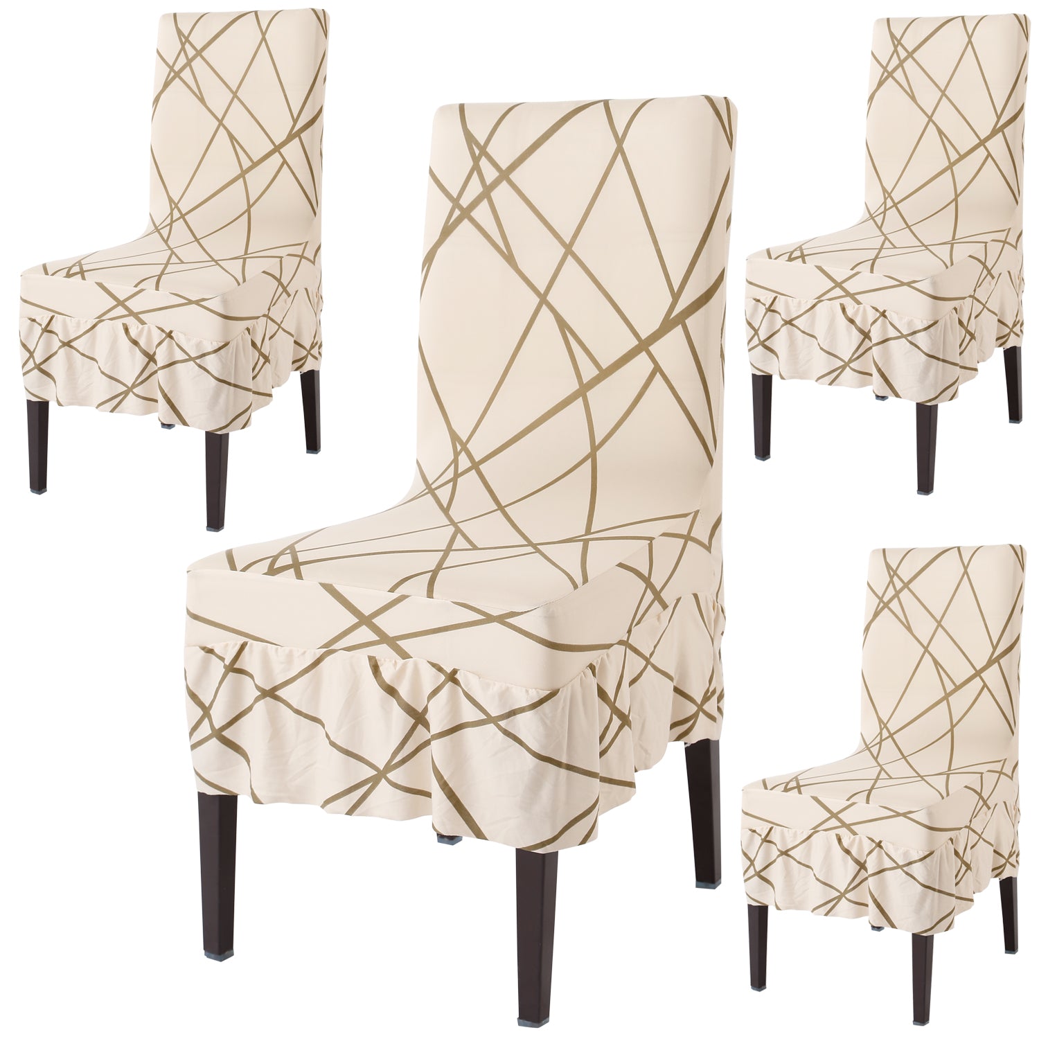 Elastic Stretchable Dining Chair Cover with Frill, Beige Abstract Line