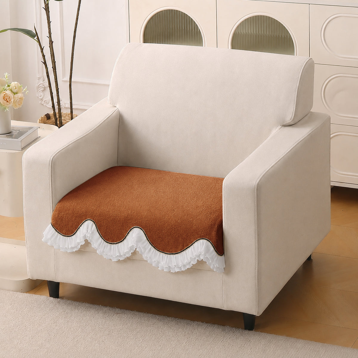 French Classic Frill Wavy Sofa Cover Mat, Copper Orange