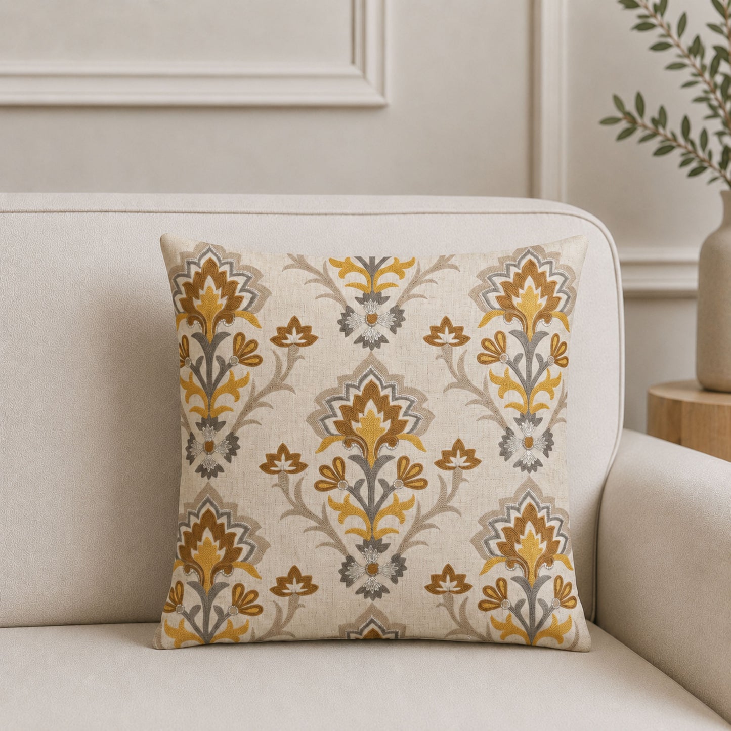 HOKIPO Heritage Bloom Embroidered Cushion Cover 16x16 in, Mustard & Ivory