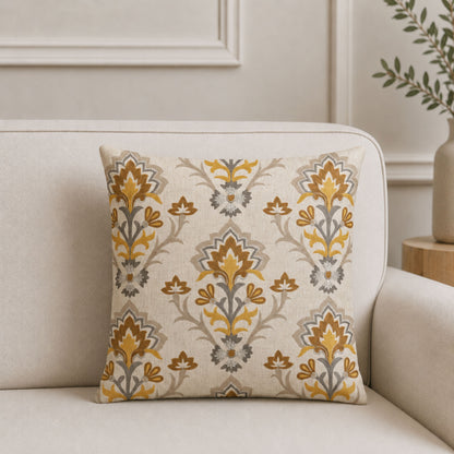 HOKIPO Heritage Bloom Embroidered Cushion Cover 16x16 in, Mustard & Ivory