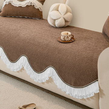 French Classic Frill Wavy Sofa Cover Mat, Mocha Luxe Brown