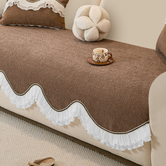 French Classic Frill Wavy Sofa Cover Mat, Mocha Luxe Brown