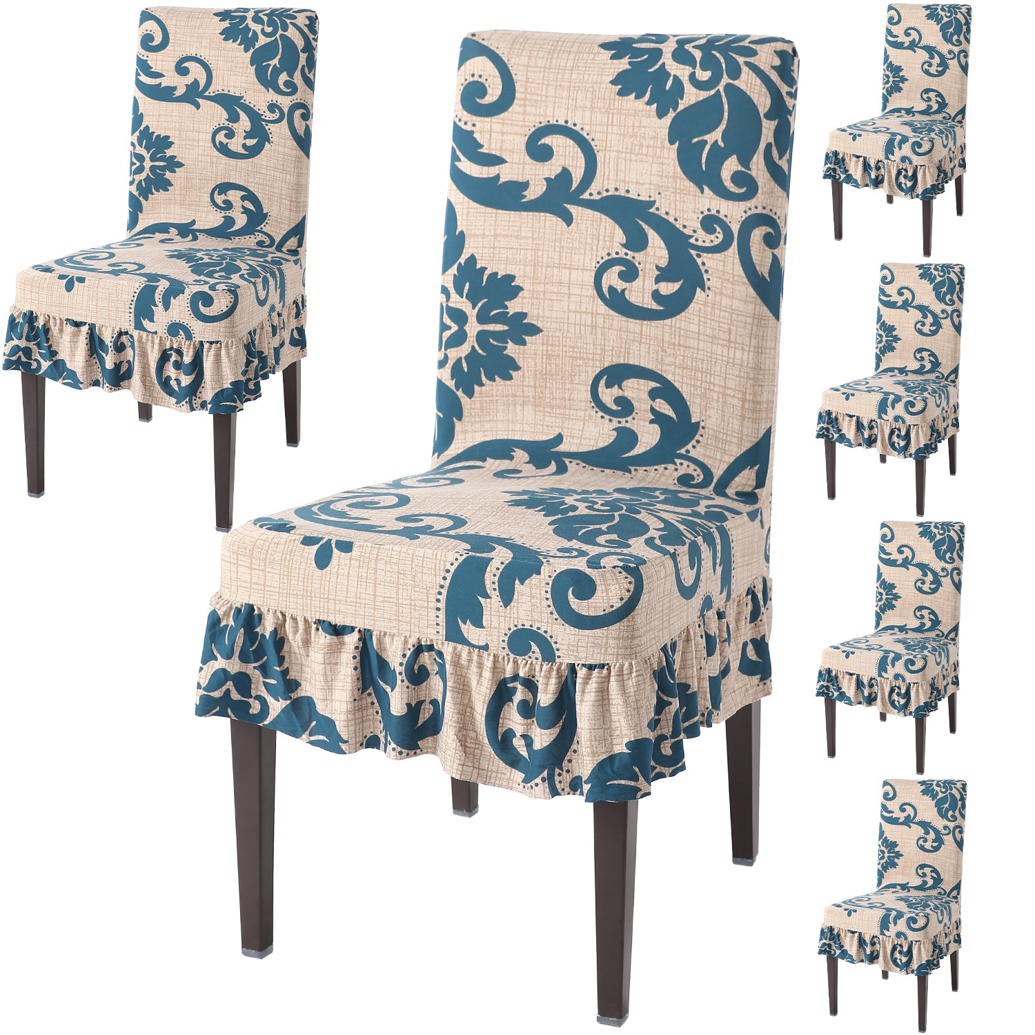 Elastic Stretchable Dining Chair Cover with Frill, Beige Damask