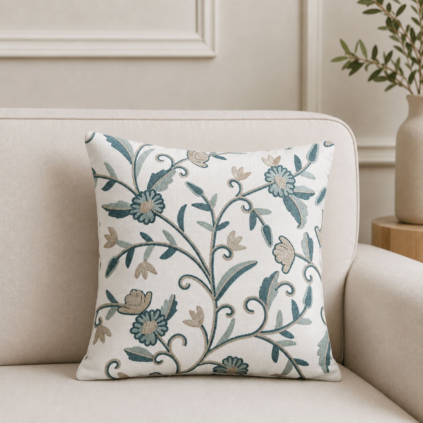 HOKIPO Floral Embroidered Cushion Cover 16x16 in, Teal & Beige