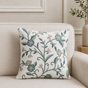 HOKIPO Floral Embroidered Cushion Cover 16x16 Inch, Teal & Beige