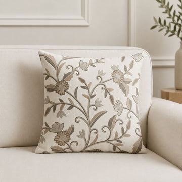 HOKIPO Floral Embroidered Cushion Cover 16x16 Inch, Beige & Ivory