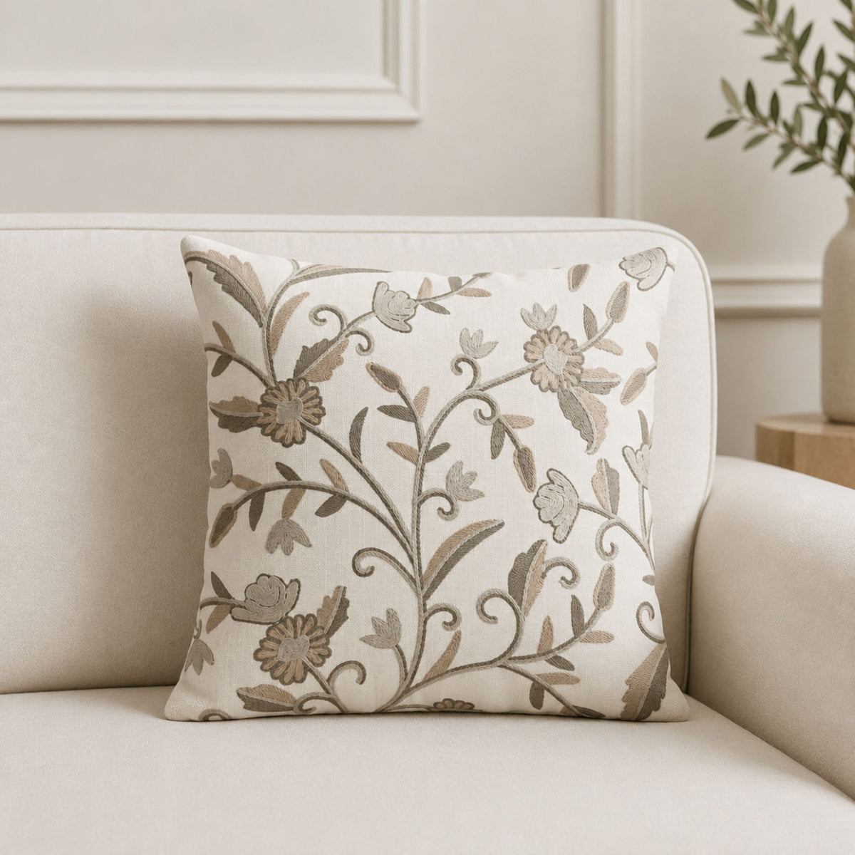 HOKIPO Floral Embroidered Cushion Cover 16x16 Inch, Beige & Ivory