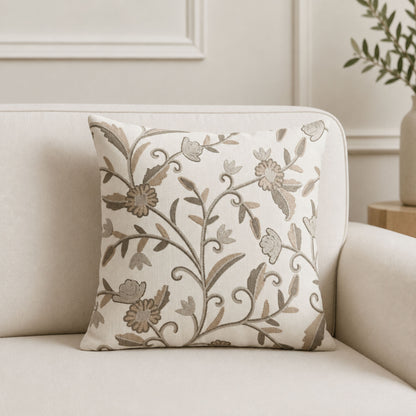 HOKIPO Floral Embroidered Cushion Cover in, Beige & Ivory