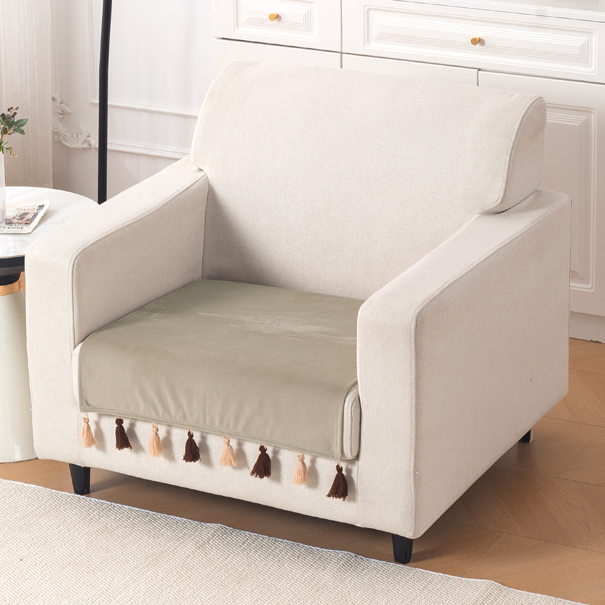 Tassel Tone Holland Velvet Sofa Cover Mat, Sand Beige