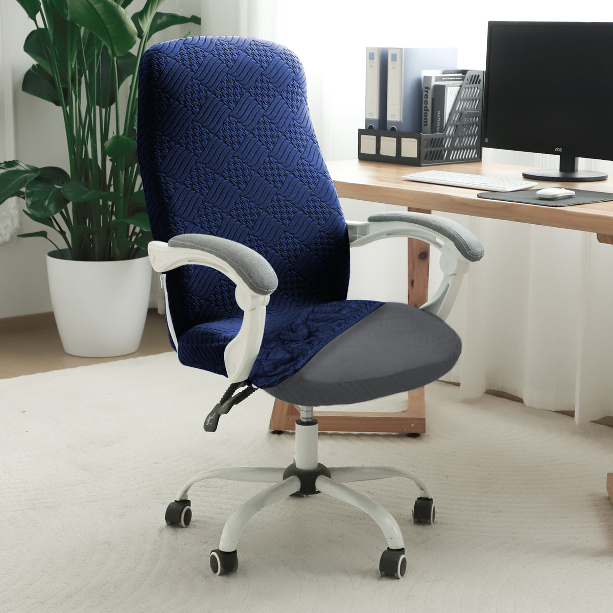 Office Chair Cover for Desk Chair (Mid-Back) – 170 GSM Stretch Jacquard – Washable, Durable & Anti-Slip – Fits Mid-Back Office Chairs, Navy Blue