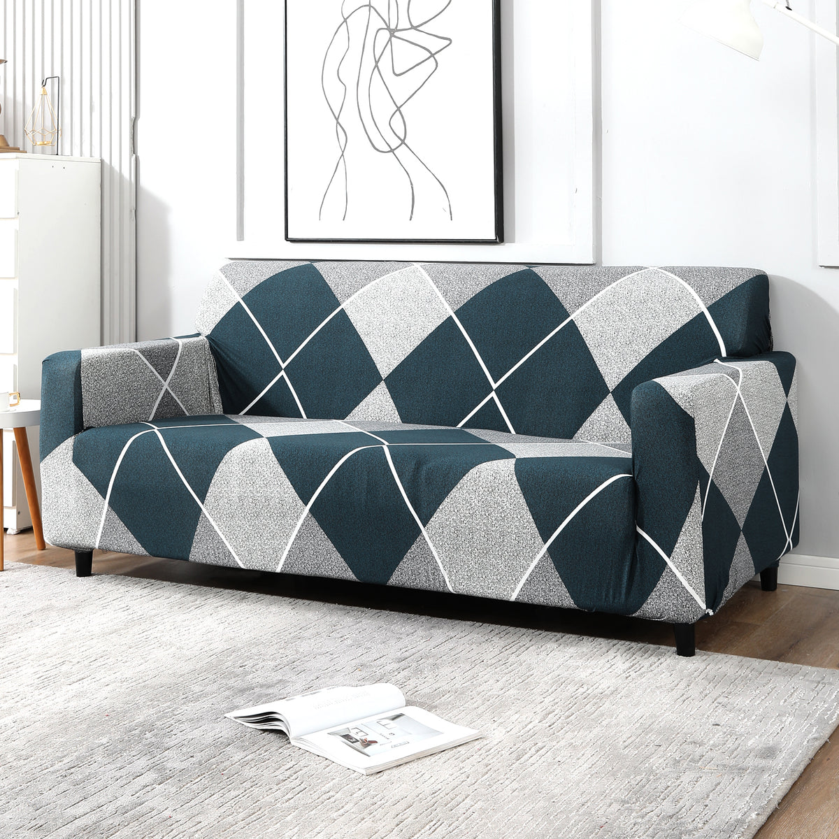 Blue Rhombus Printed non slip, elastic 4 seater sofa cover​s
