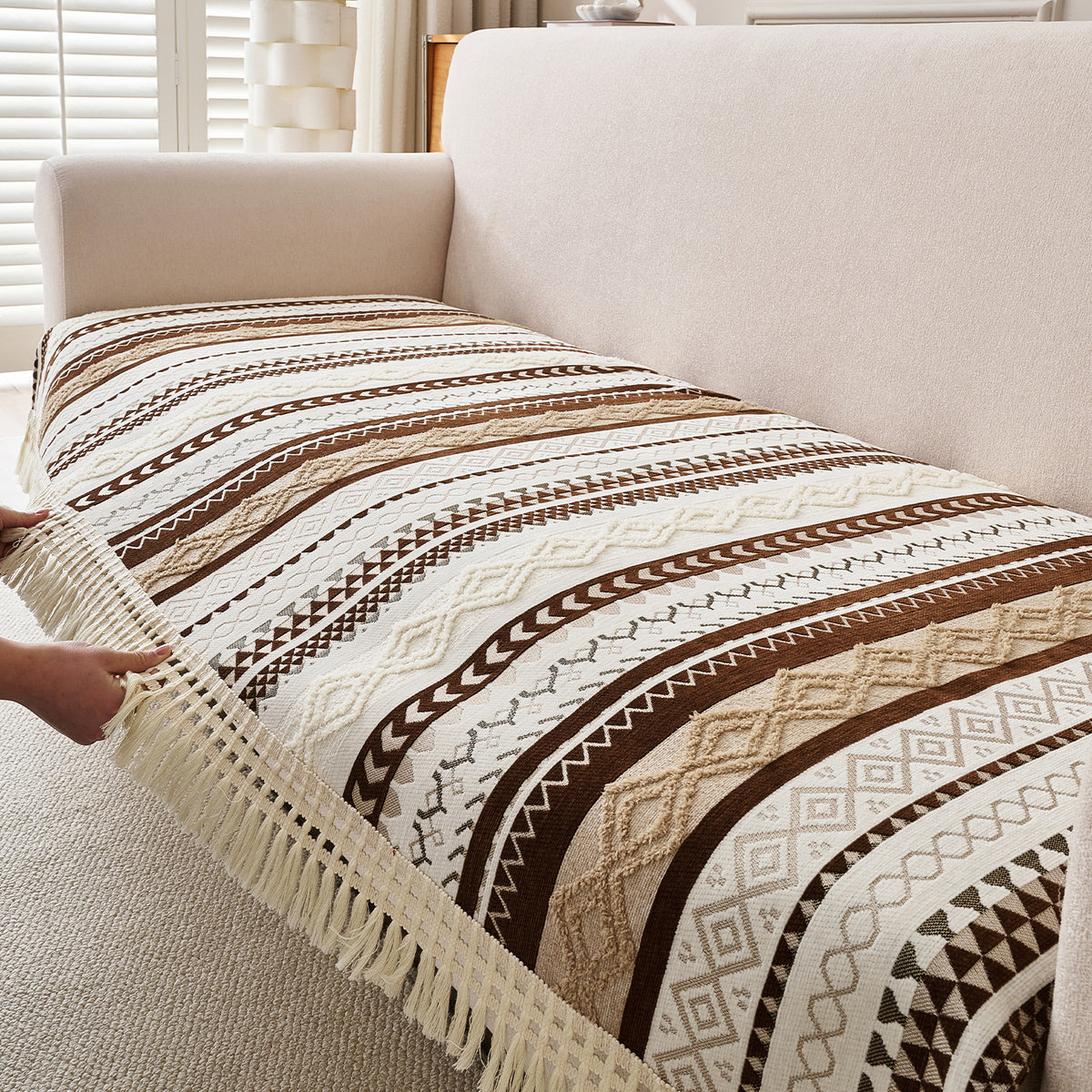 Nordic Boho Geometric Sofa Cover Mat with Tassel, 'Nordic Tassel Series'  Chocolate Brown