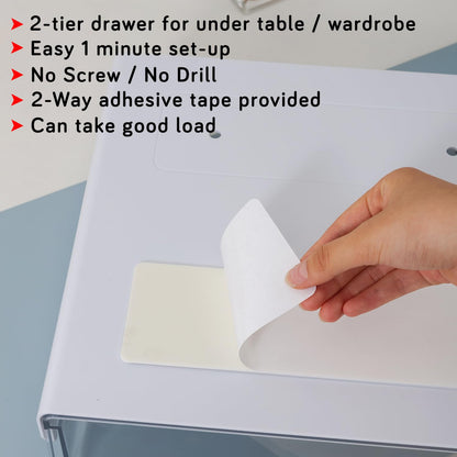 2-Tier Drawer for Under Table/Wardrobe. Self Adhesive, Easy Installation. Innovative Desk Organizer, MEDIUM