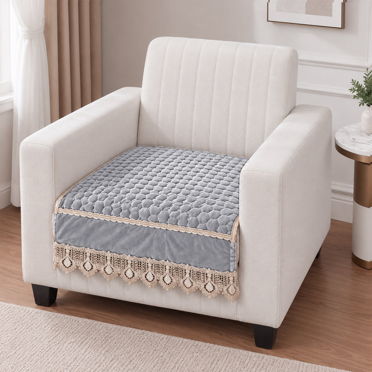 Dutch Noir Velvet with Lace Sofa Cover Mat, Light Grey