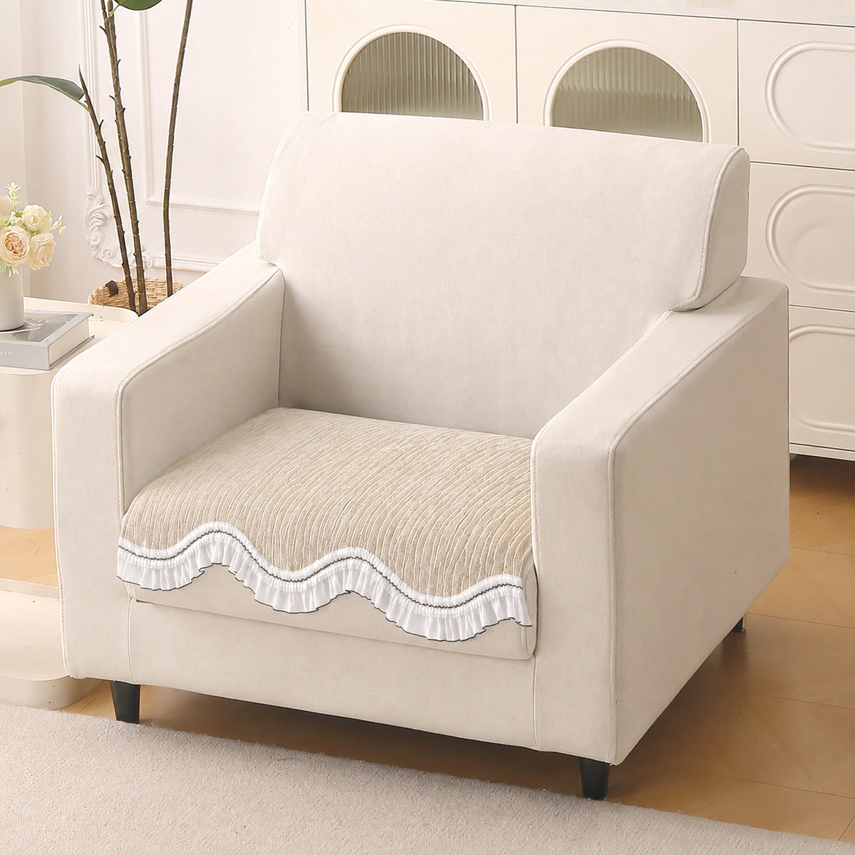 French Lace & Luxe with White Ruffle Edge Sofa Cover Mat, Moonstone Beige