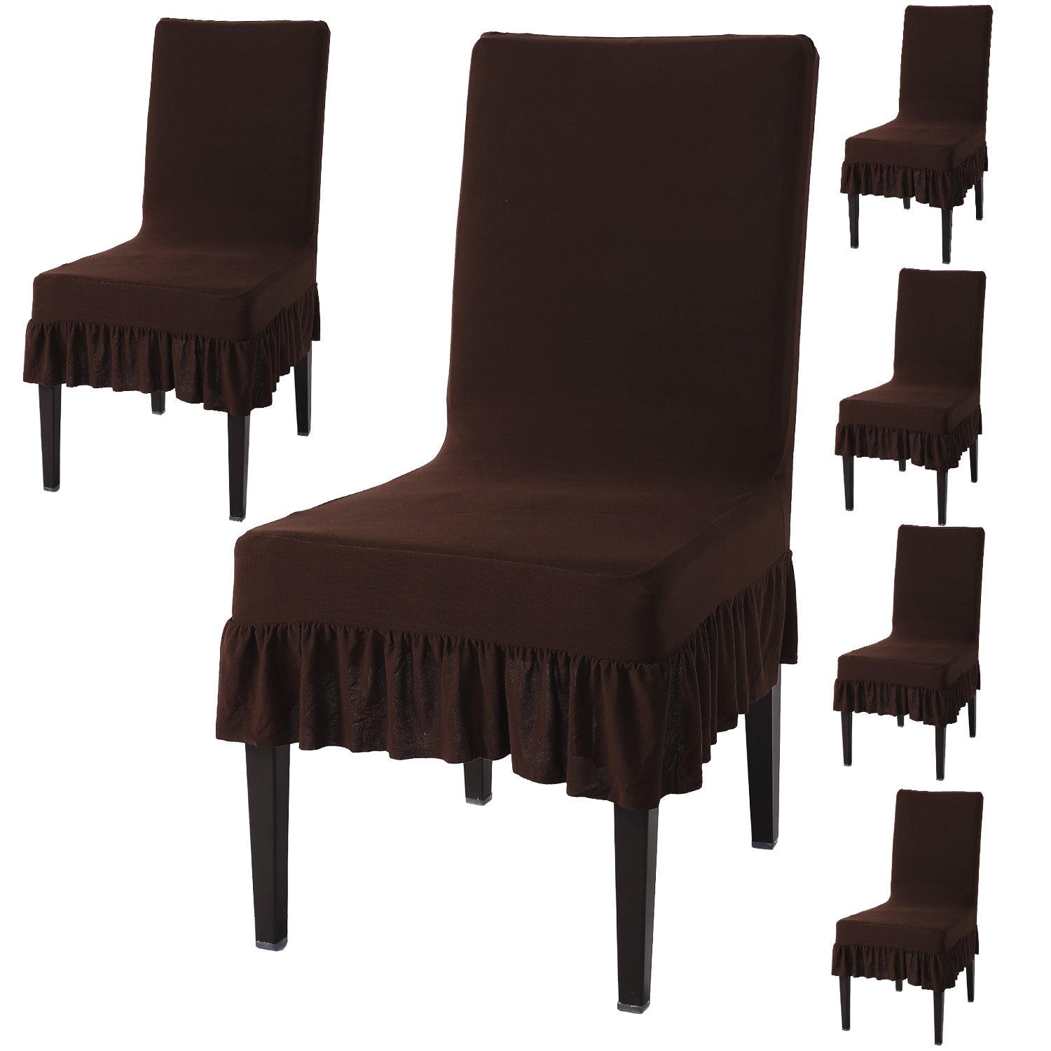 Elastic Stretchable Dining Chair Cover with Frill, Chocolate Brown