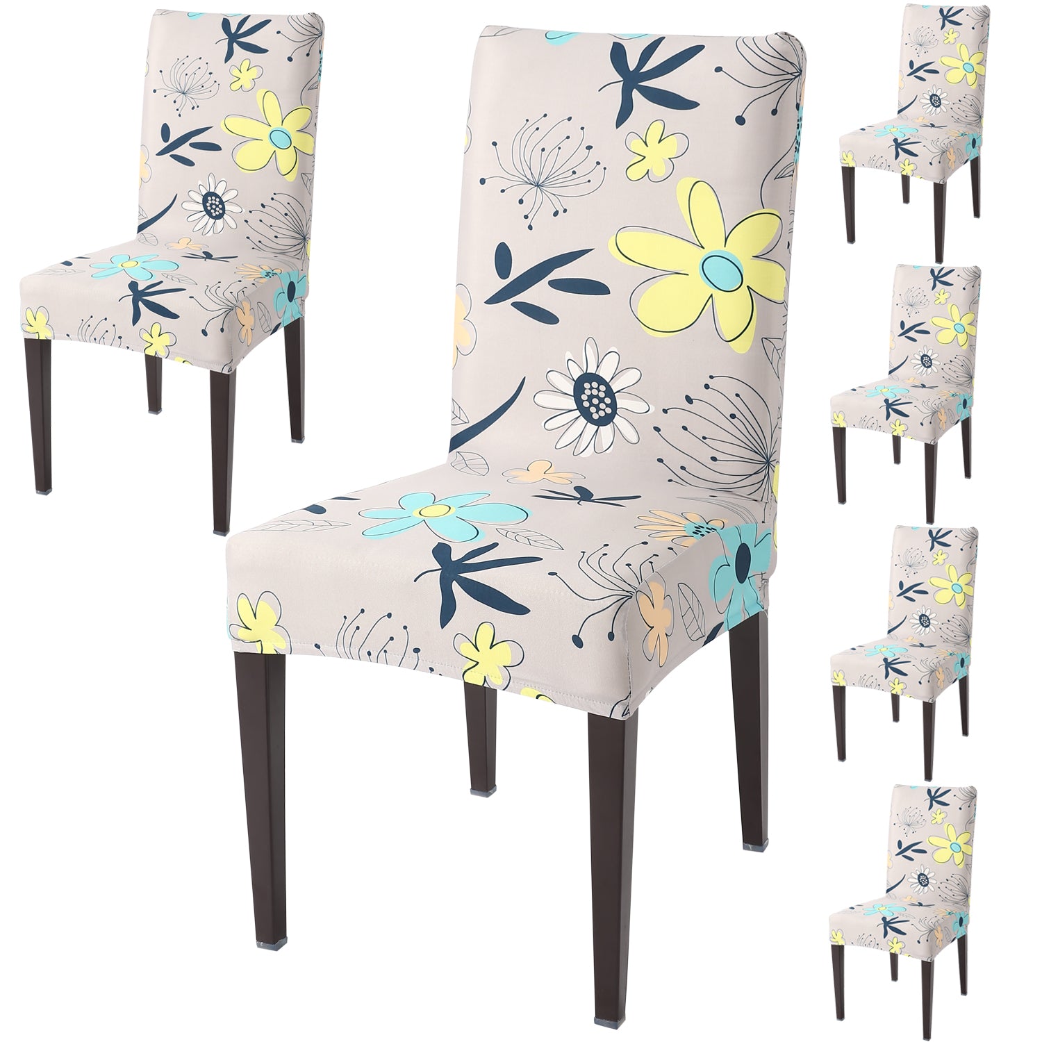 Elastic Stretchable Dining Chair Cover, Beige Mixed Flowers