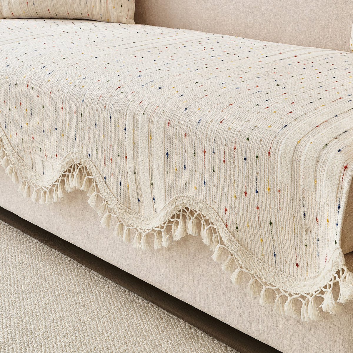 DreamWave Chenille with Tassels Sofa Cover Mat, Latte Beige