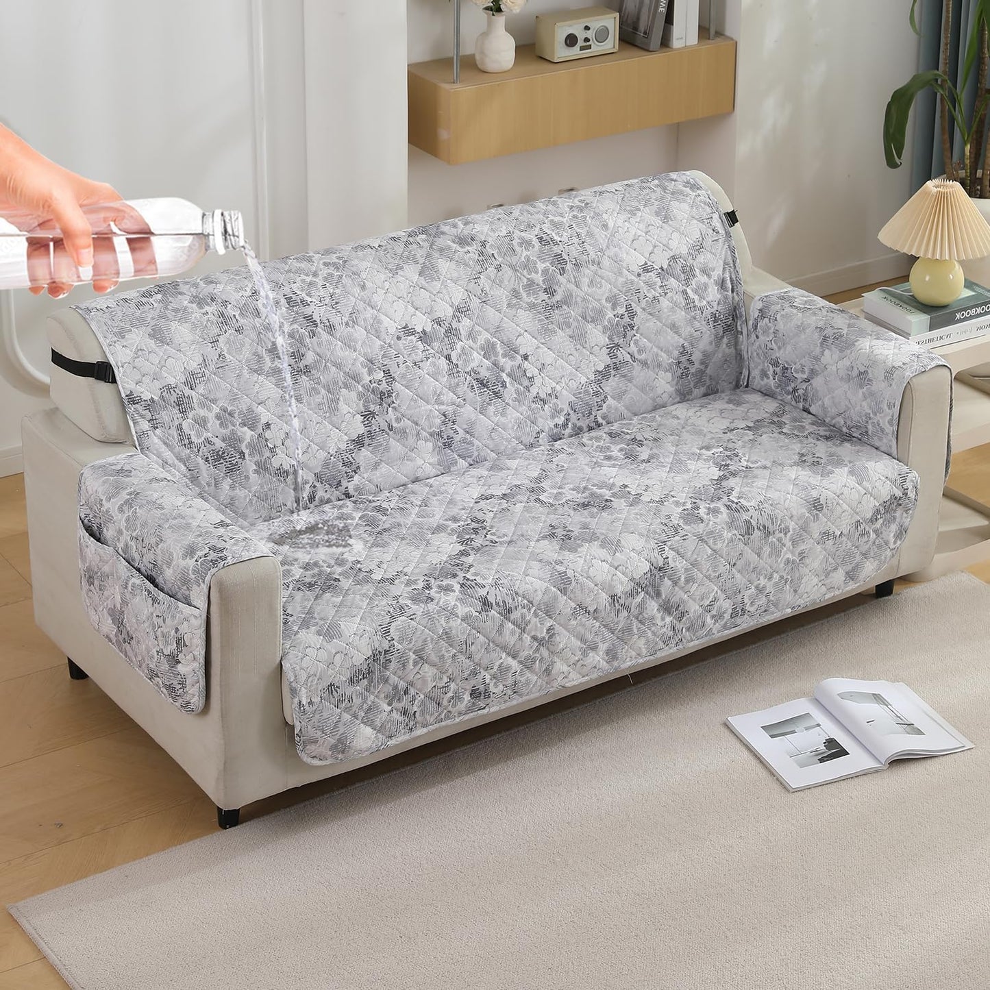 Quilted Waterproof Sofa Cover Mat with Pockets on Armrest Cover - Abstract Pale Grey