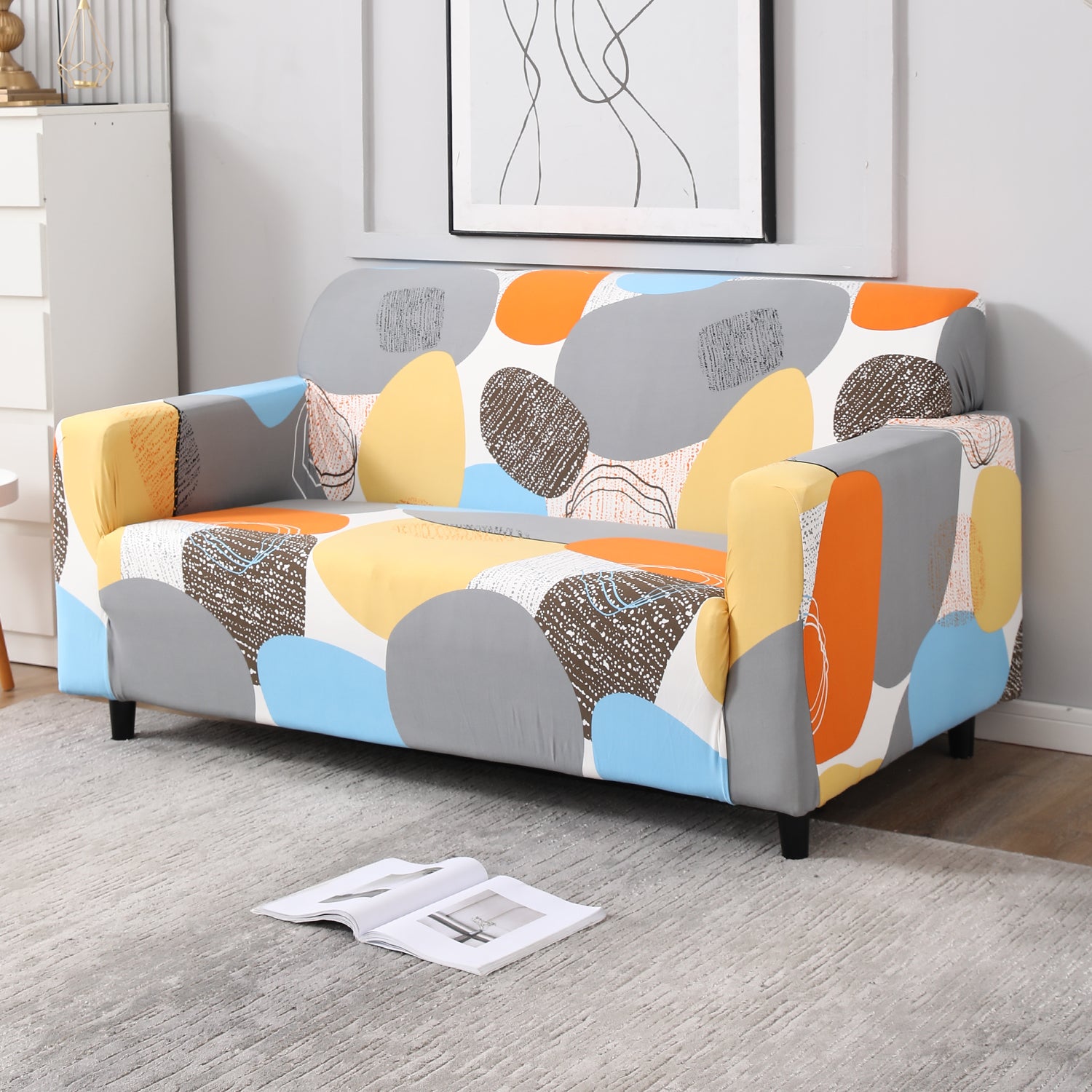 Multicolor Pebbles Print non slip elastic 2 seater sofa cover