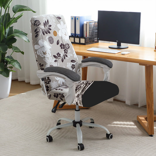 Printed Office Chair Cover for Executive Chair (High-Back) – 140 GSM Stretchable Fabric – Washable & Anti-Slip – Fits Big & Tall Office Chairs, Feather Brown Floral