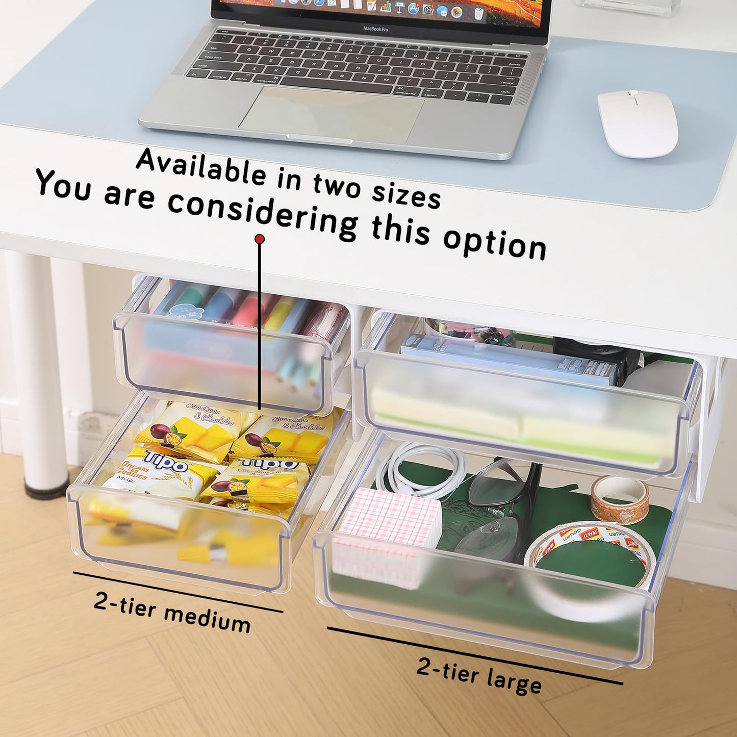 2-Tier Drawer for Under Table/Wardrobe. Self Adhesive, Easy Installation. Innovative Desk Organizer, MEDIUM