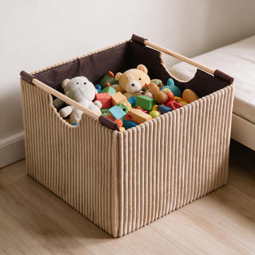 Premium Foldable Storage Bin with Wooden Handles | Corduroy Fabric Organizer Box for Wardrobe, Books, Clothes & Misc Items, Camel