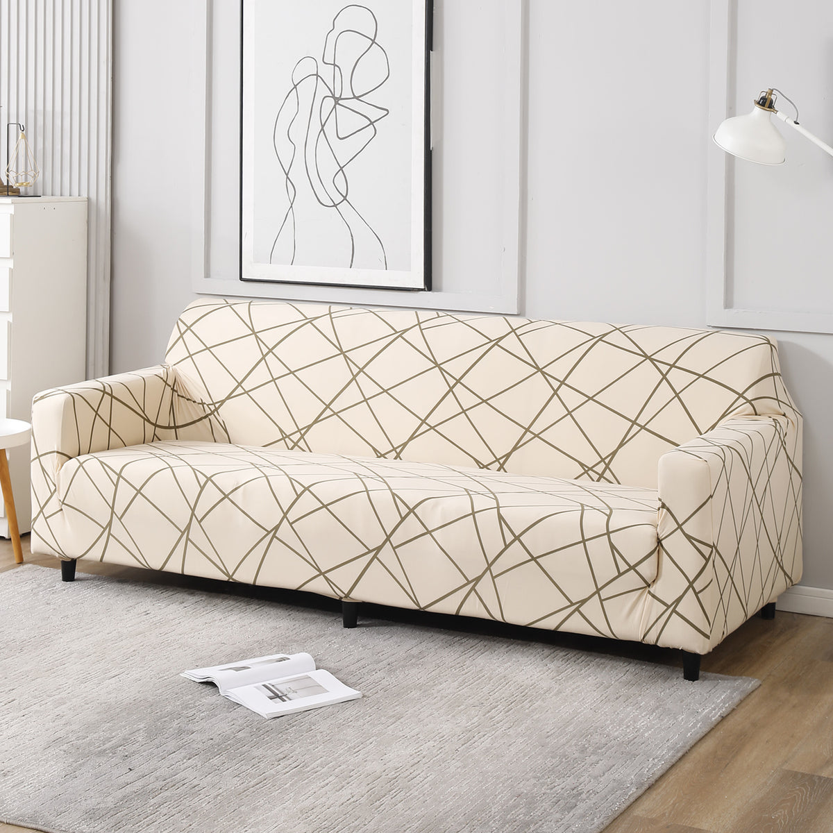 Beige Abstarct Lines Colour non slip elastic 3 seater sofa cover​s