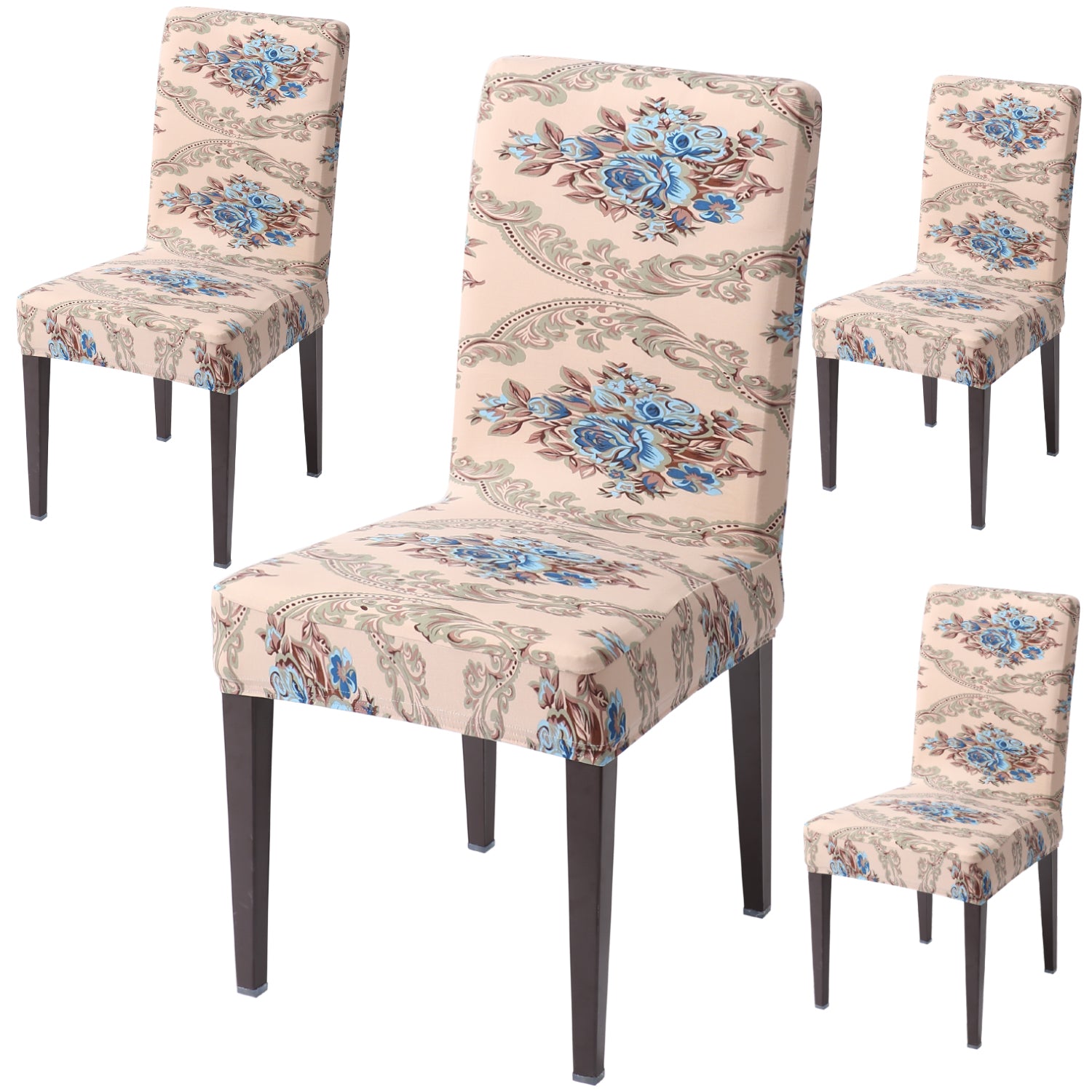 Elastic Stretchable Dining Chair Cover, Beige Blue Flowers