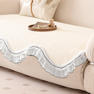 French Lace & Luxe with White Ruffle Edge Sofa Cover Mat, Pearl Sheen White