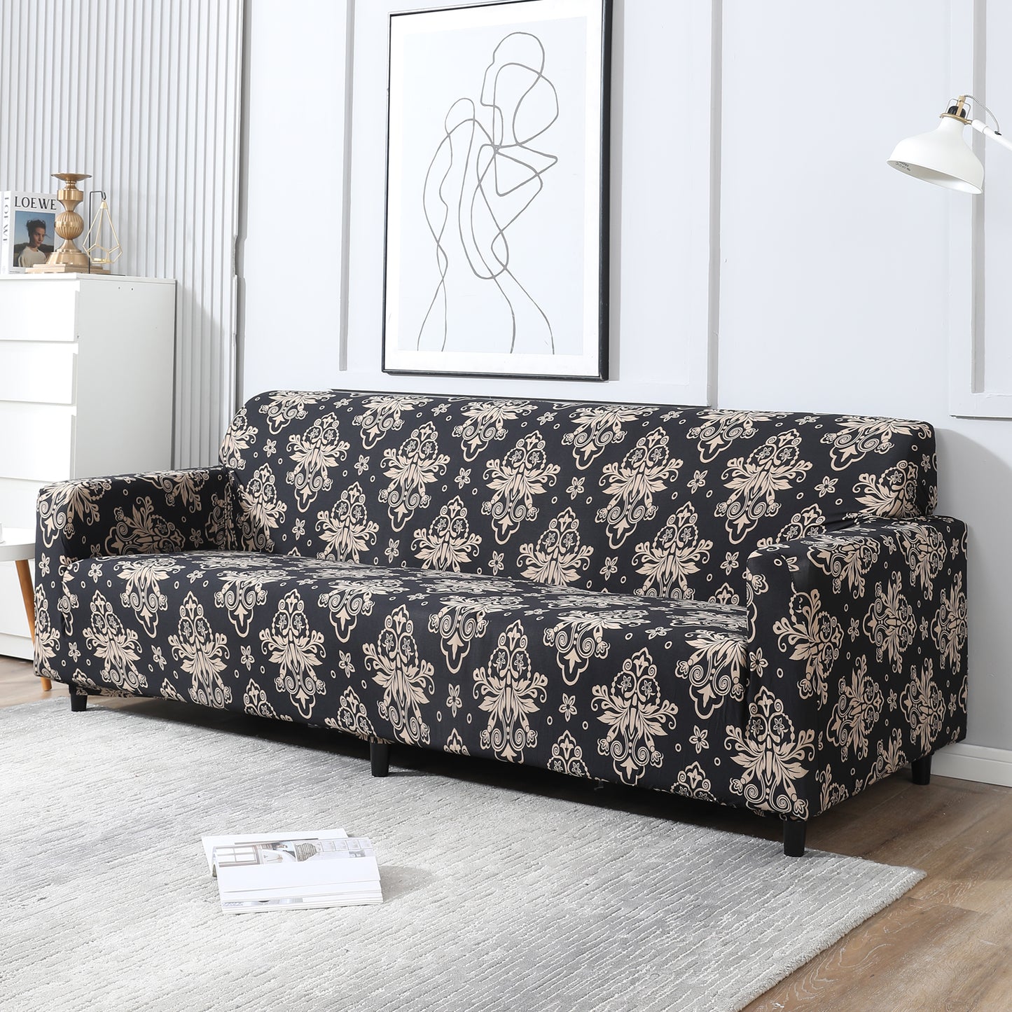 Black Damask Printed, non slip, Stretchable 4 seater sofa cover​s