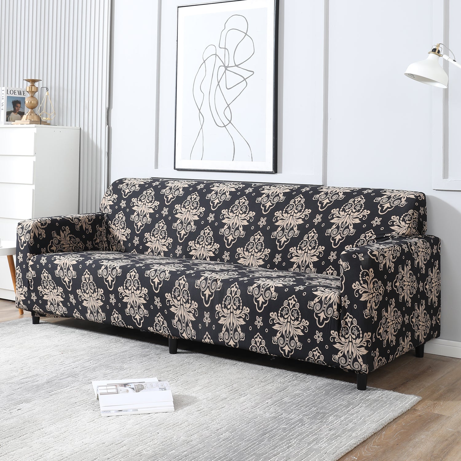 Black Damask Printed, non slip, Stretchable 4 seater sofa cover​s