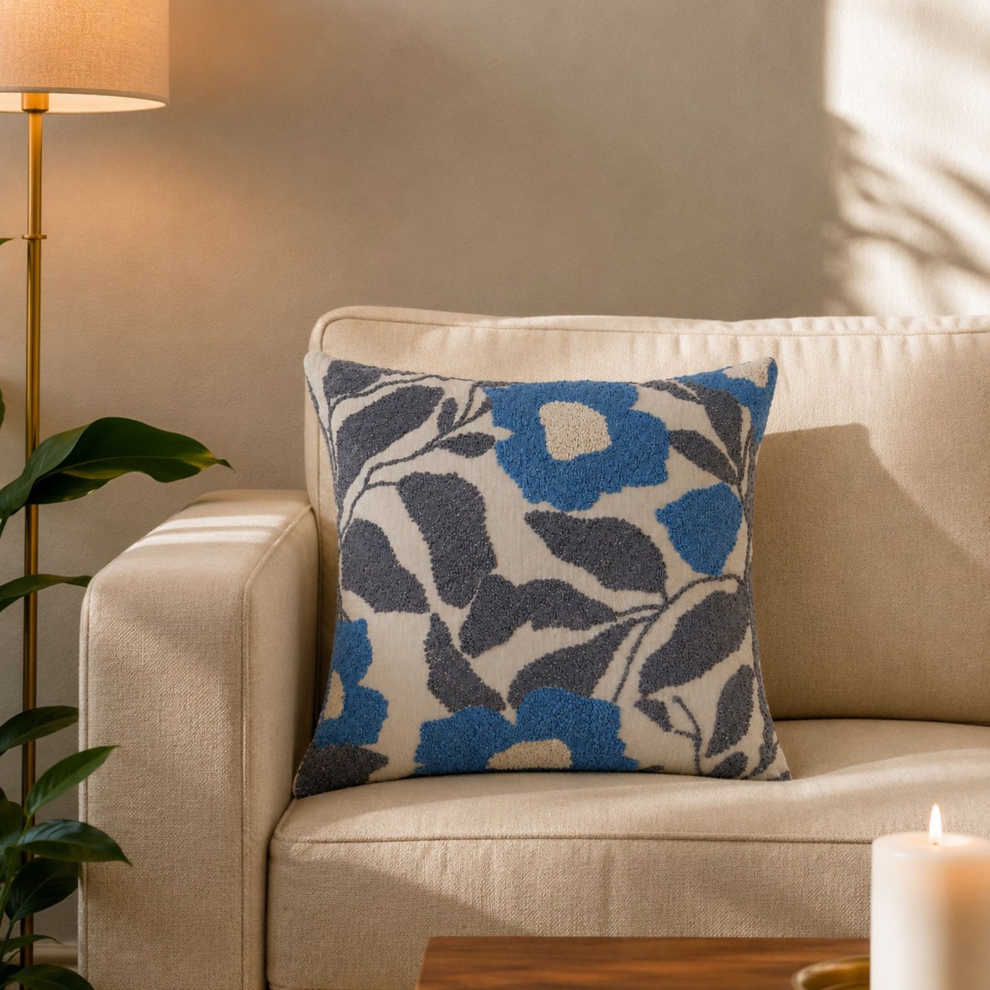HOKIPO Abstract Floral Tufted Cushion Cover 16x16 Inch for Sofa, Blue & Grey