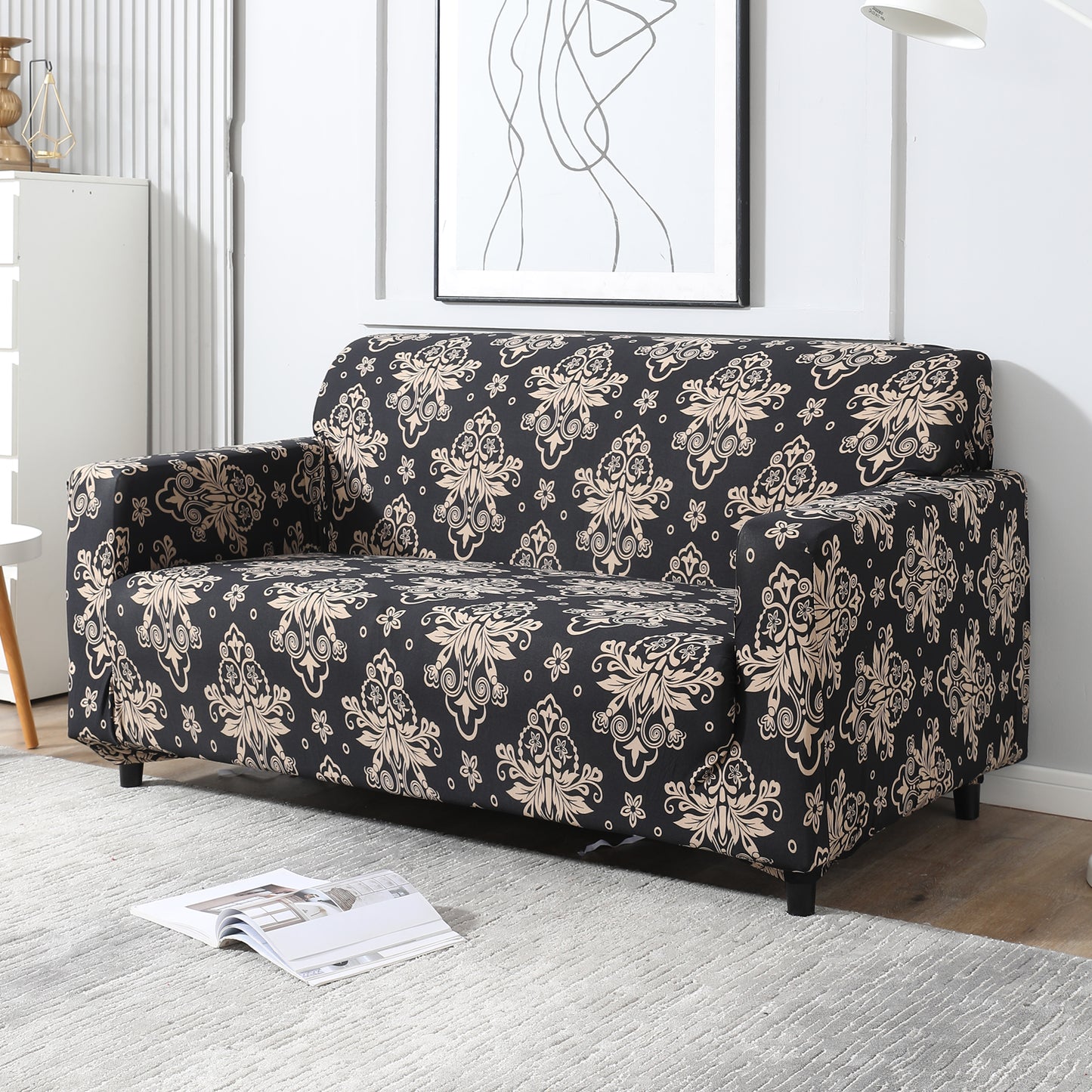 Black Damask Printed non slip elastic 2 seater sofa cover