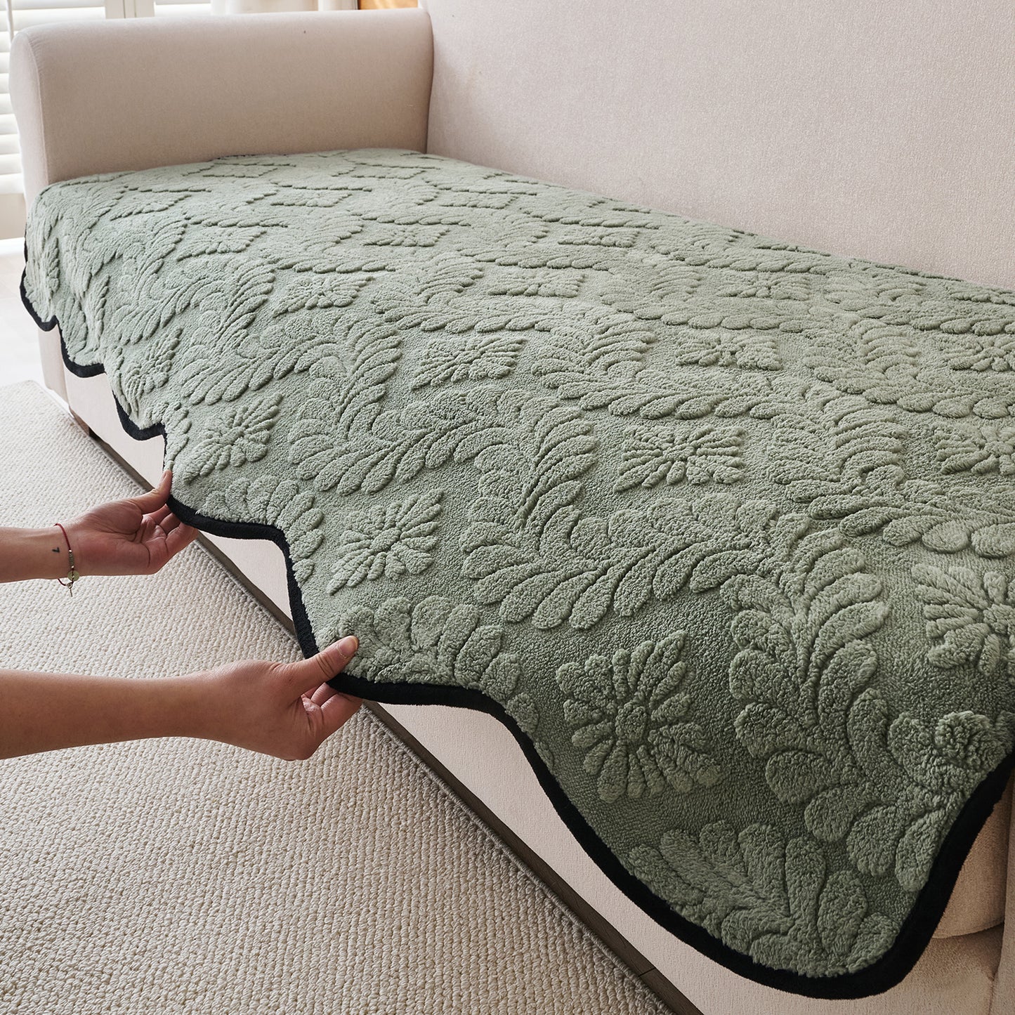 Embossed Floral Jacquard Anti-Slip Sofa Cover Mat, 'Wavy Petal Crest Series' Sage Green