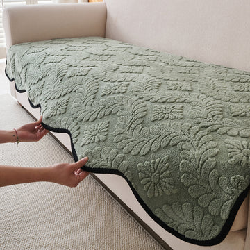 Embossed Floral Jacquard Anti-Slip Sofa Cover Mat, 'Wavy Petal Crest Series' Sage Green