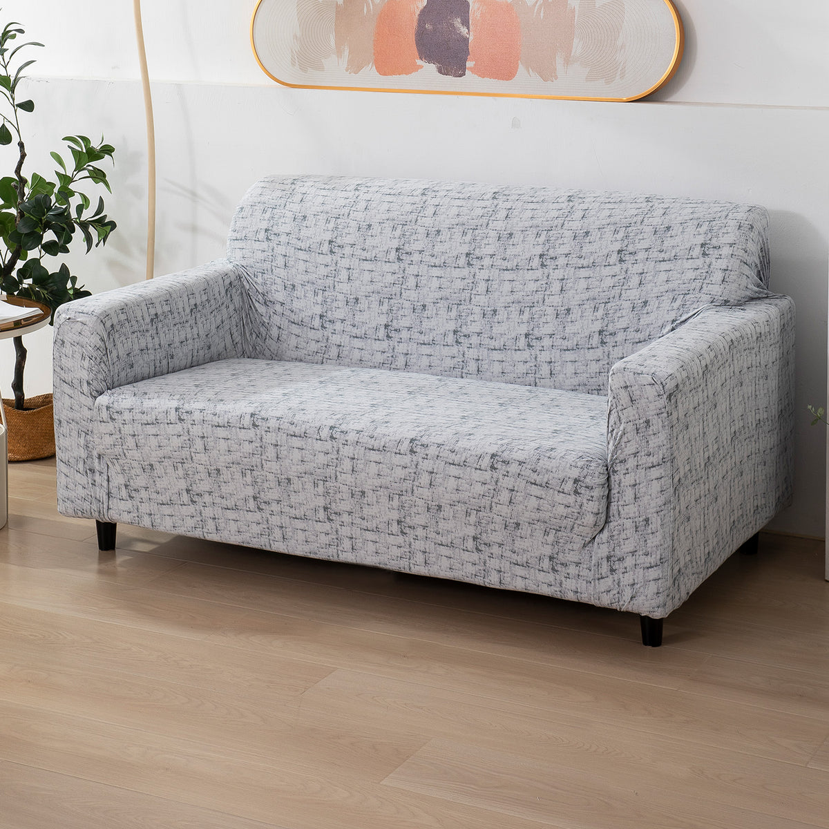 Abstract Grey Lines Printed stretchable two seater sofa cover