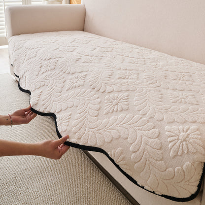 Embossed Floral Jacquard Anti-Slip Sofa Cover Mat, 'Wavy Petal Crest Series' Light Cream