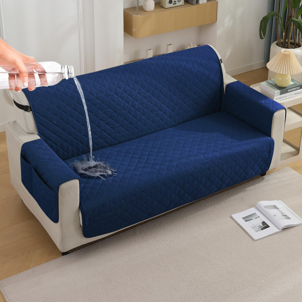 Navy Blue colour 3 seater quilted waterproof sofa cover | Hokipo