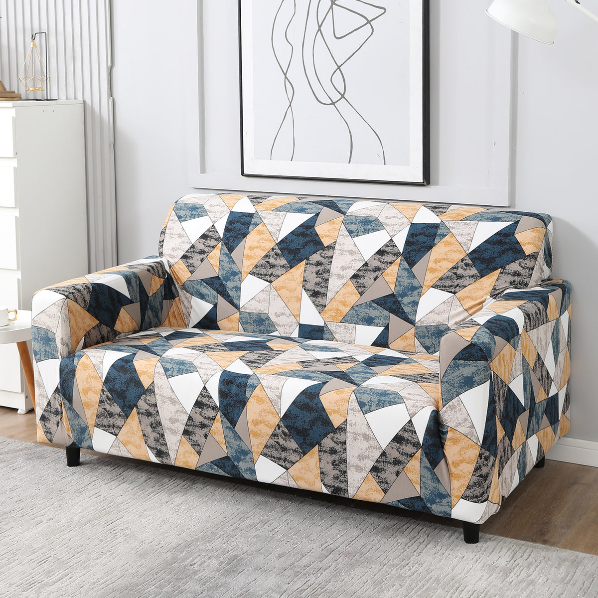 Multicolor Geometric Print non slip elastic 2 seater sofa cover