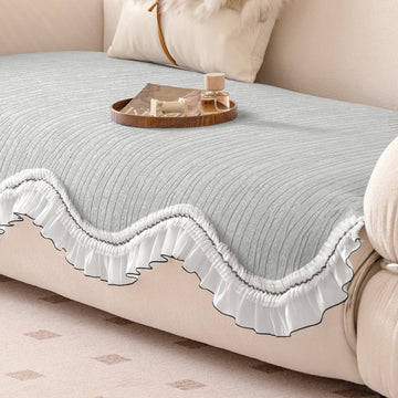 French Lace & Luxe with White Ruffle Edge Sofa Cover Mat, Featherlight Grey