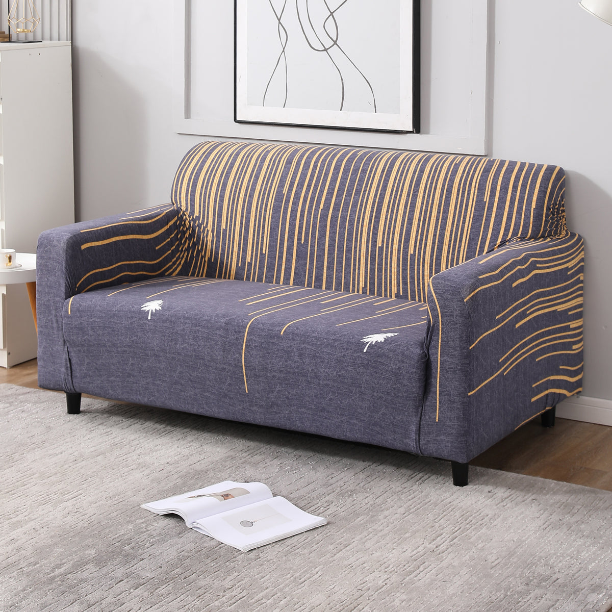 Midnight Blue Lines stretchable two seater sofa cover