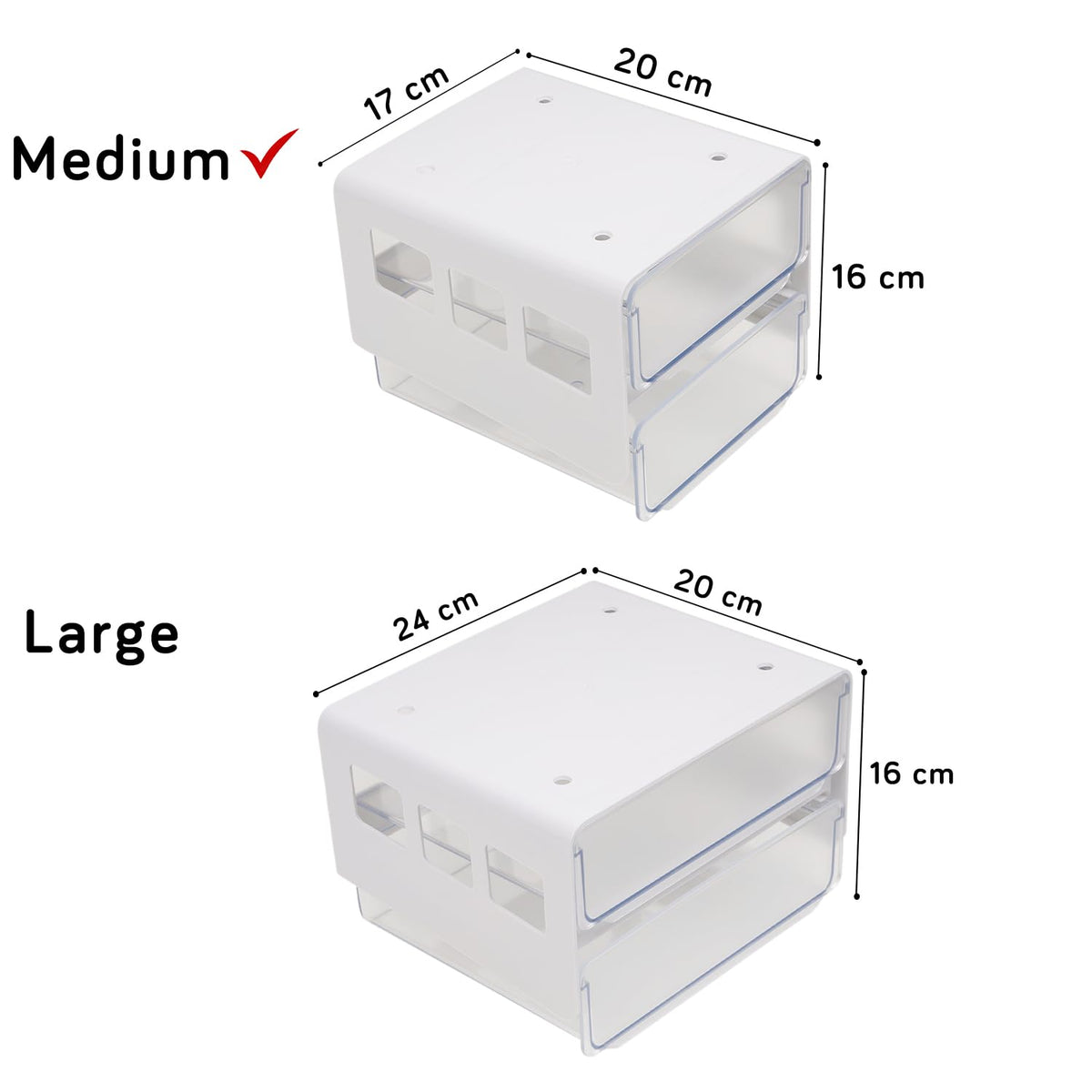 2-tier drawer organizer size chart showing medium and large options