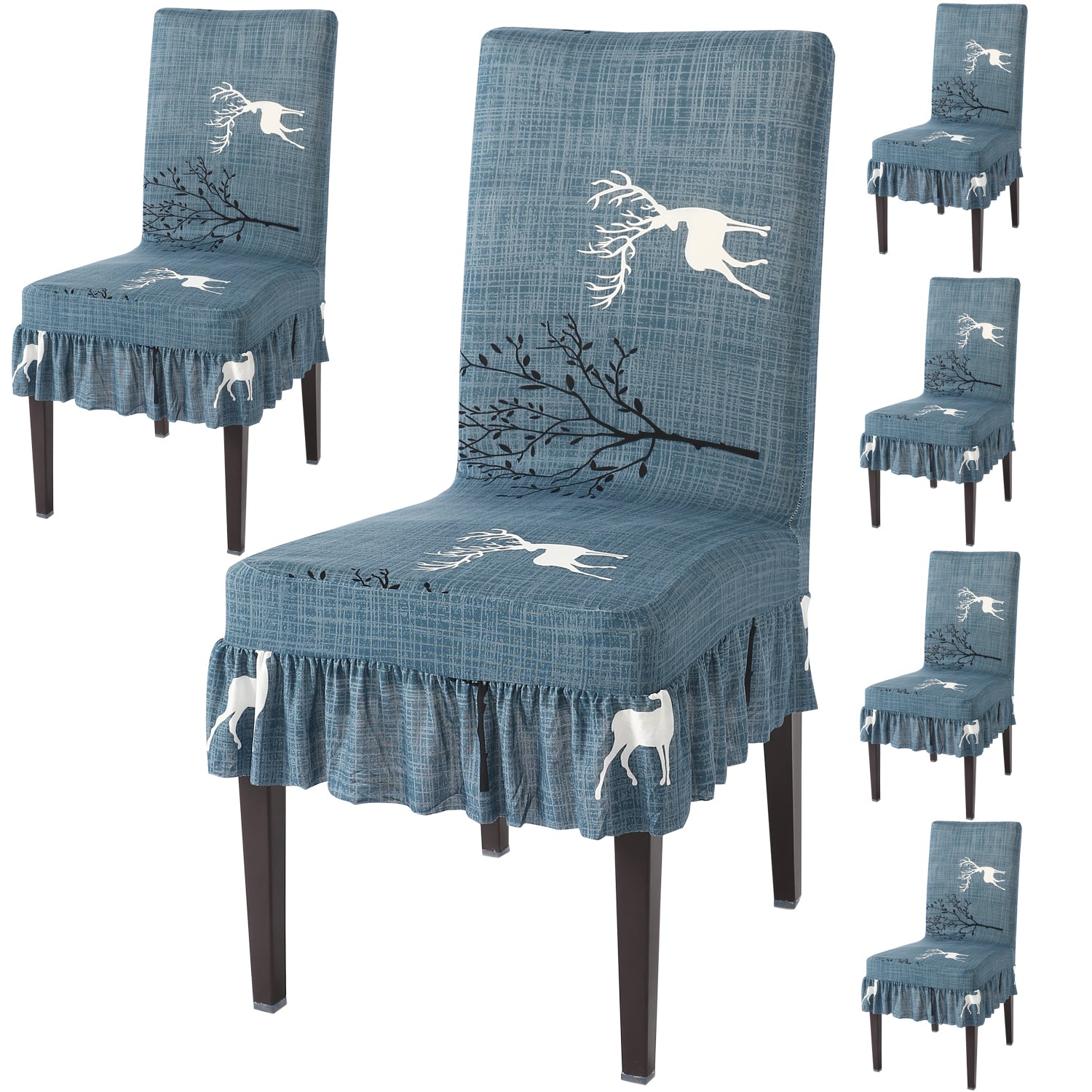 Elastic Stretchable Dining Chair Cover with Frill, Teal Reindeer